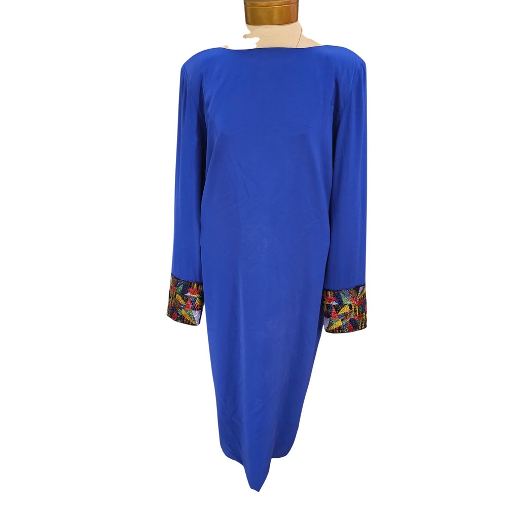 Vintage 80s Blue Beaded Cuff Shift 'Dolly' Show Dress Size 14 Retro Cobalt